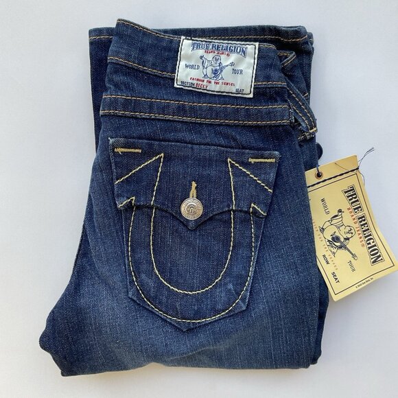 $231 True Religion Women’s Becky Heritage Jeans Slim Bootcut Dark Blue Size 25 - Picture 1 of 13